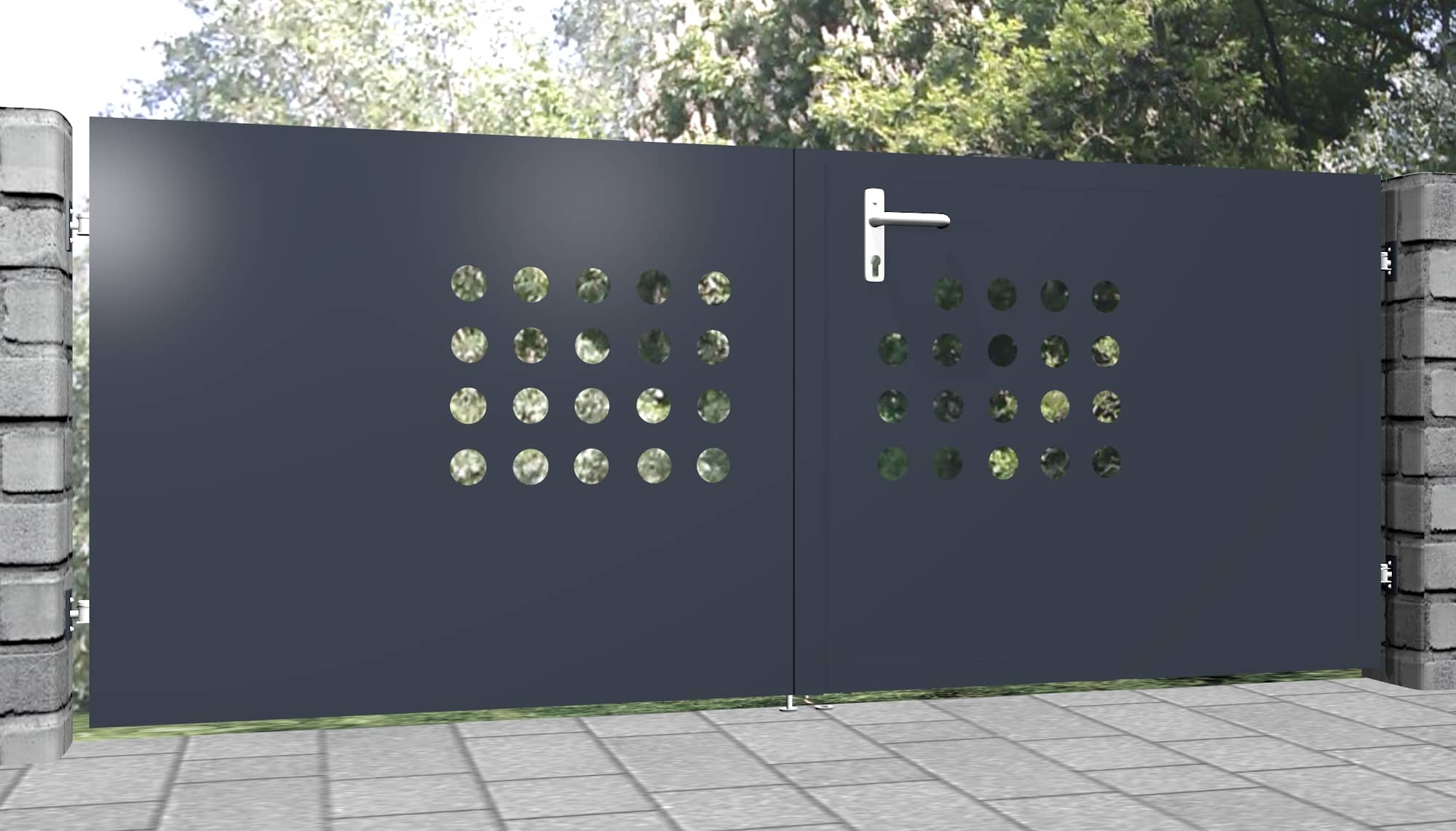 Portail de jardin brise-vue, tôle perforée en aluminium, trou rond