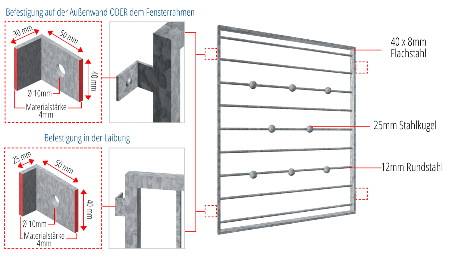 Grille de défense pour fenêtres en acier galvanisé barre transversale boule