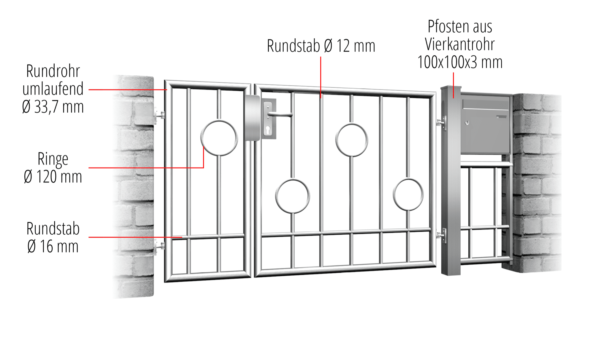 Barre de cercle à 2 battants en acier inoxydable pour portillon de jardin, GE, BK