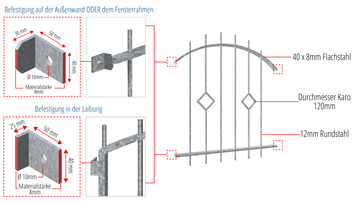 Grille de défense pour fenêtres en acier galvanisé carreaux barre arc supérieur 