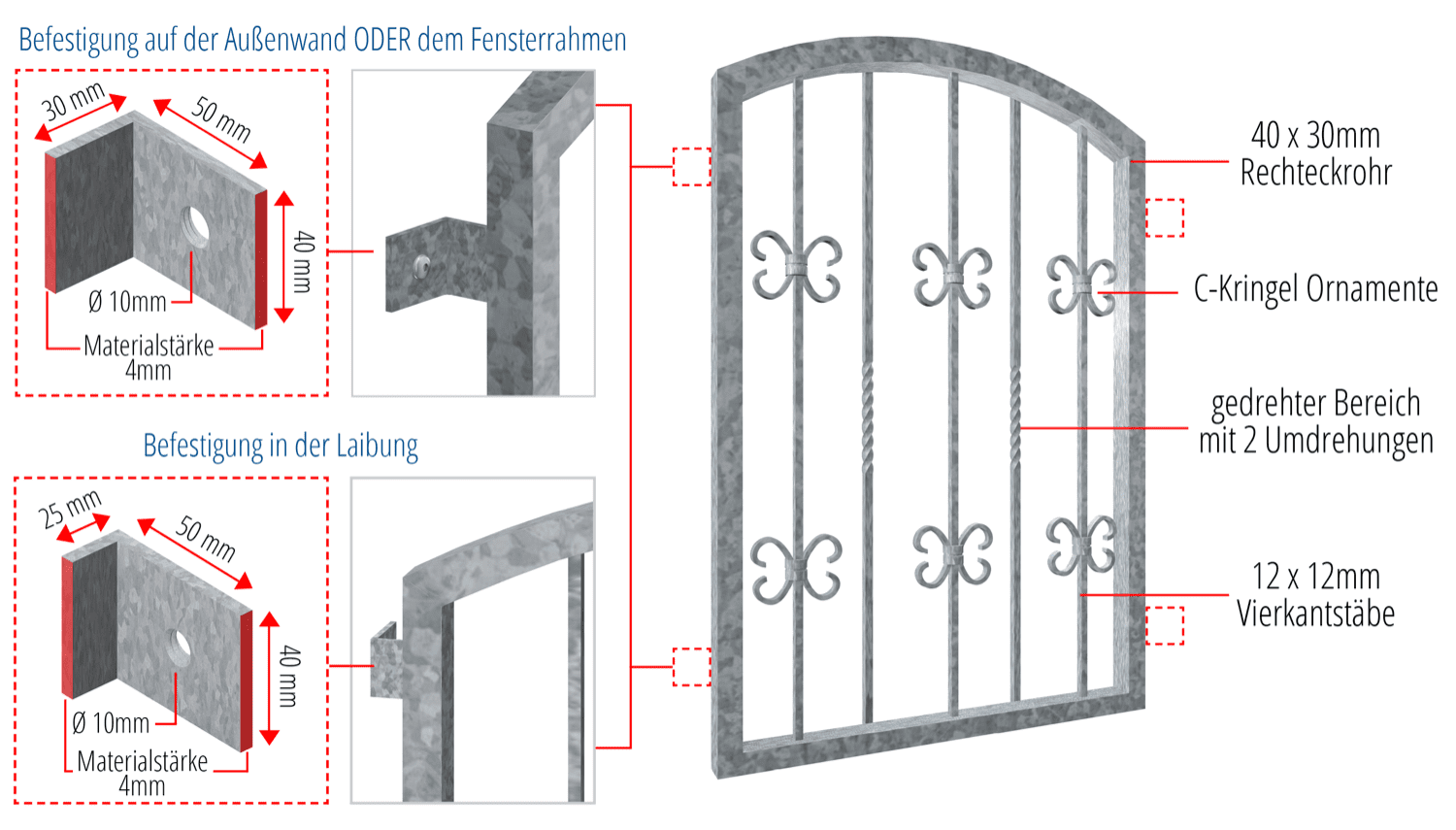 Grille de défense pour fenêtres en acier galvanisé Arc supérieur baroque 