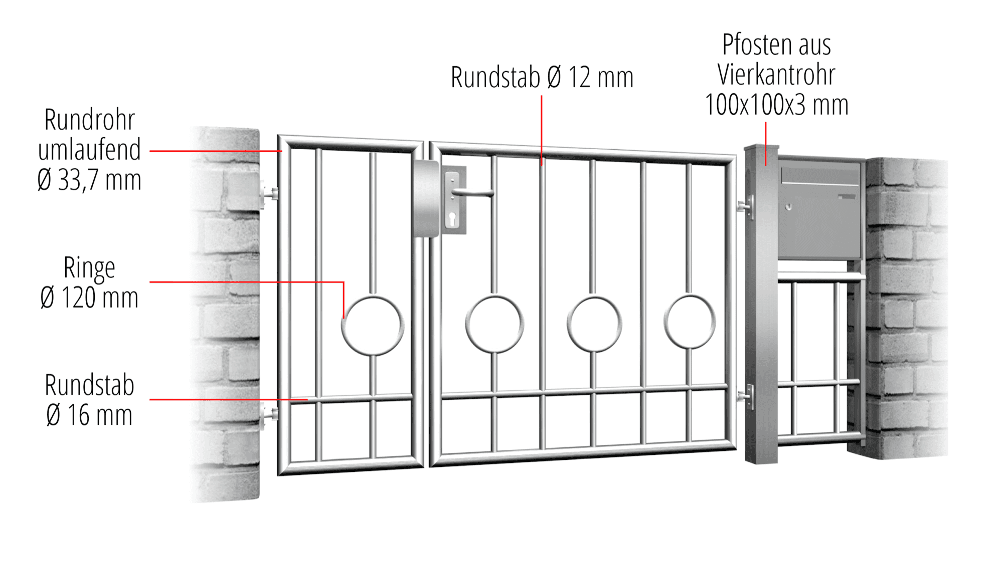 Portillon de jardin en acier inoxydable Barre de cercle à 2 battants 2 bas, GE, BK