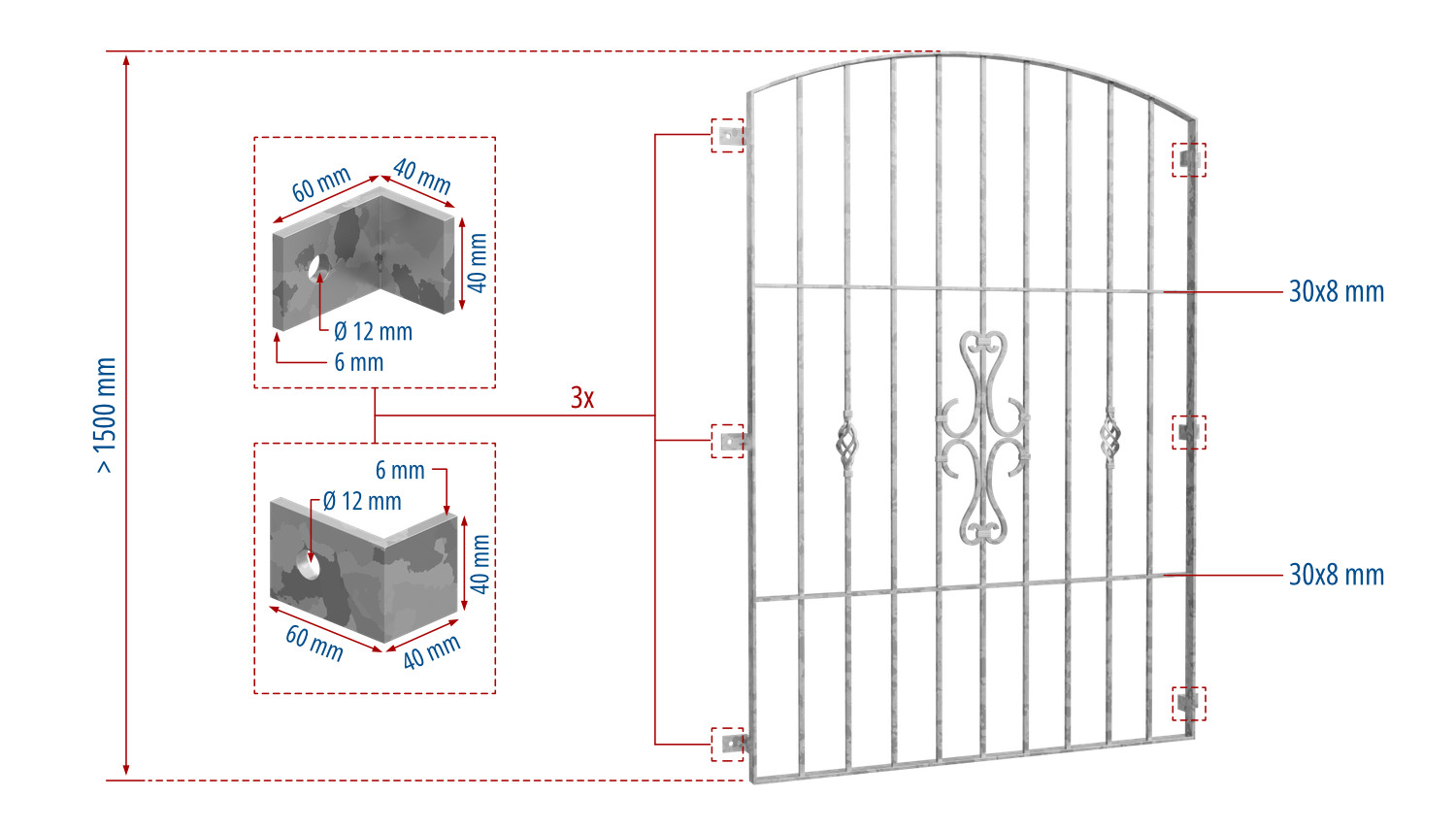 Grille de défense pour fenêtres en acier galvanisé Arc supérieur à volutes 