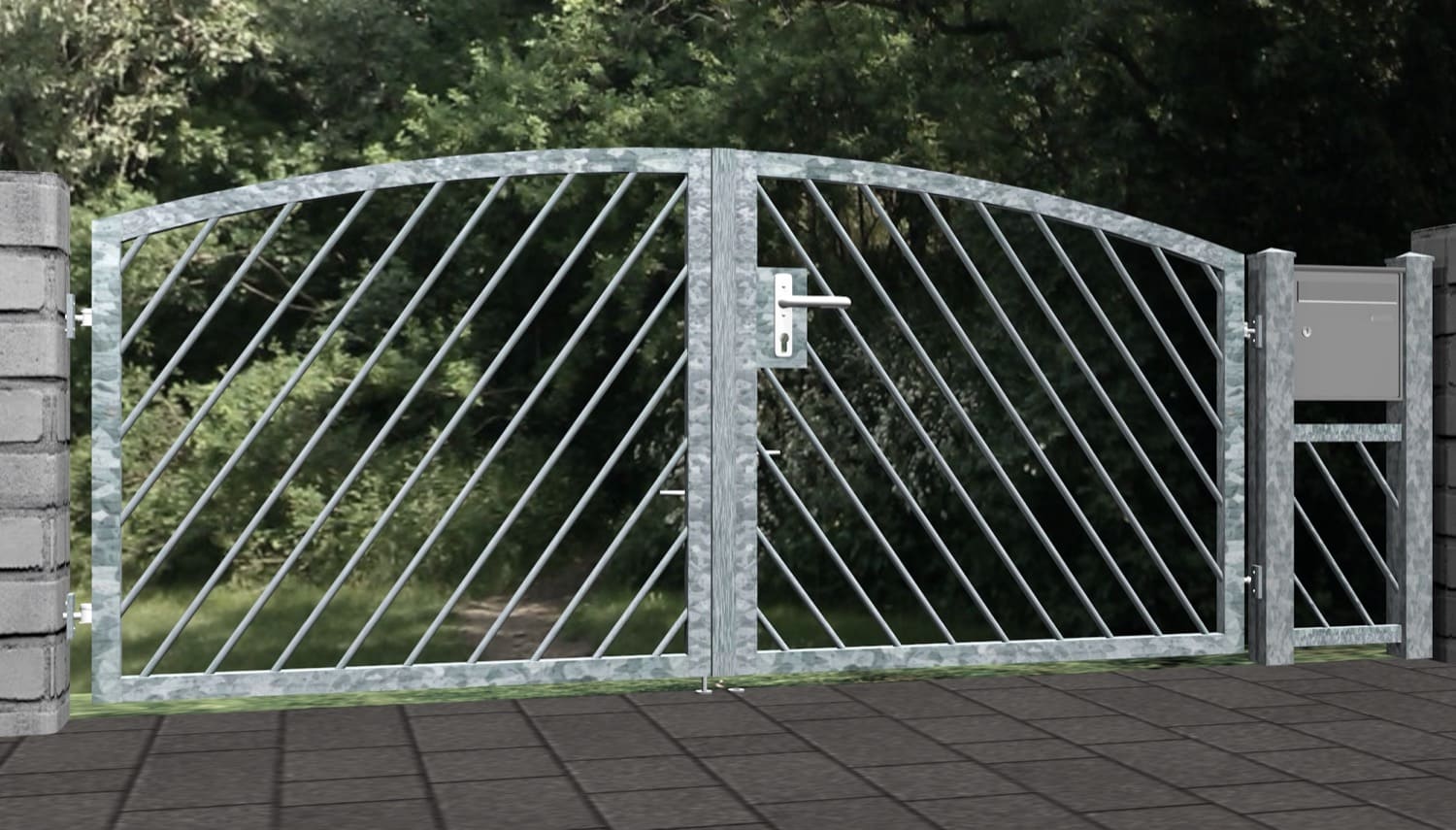 Barrière de jardin en acier galvanisé barre diagonale à 2 battants, OB, BK