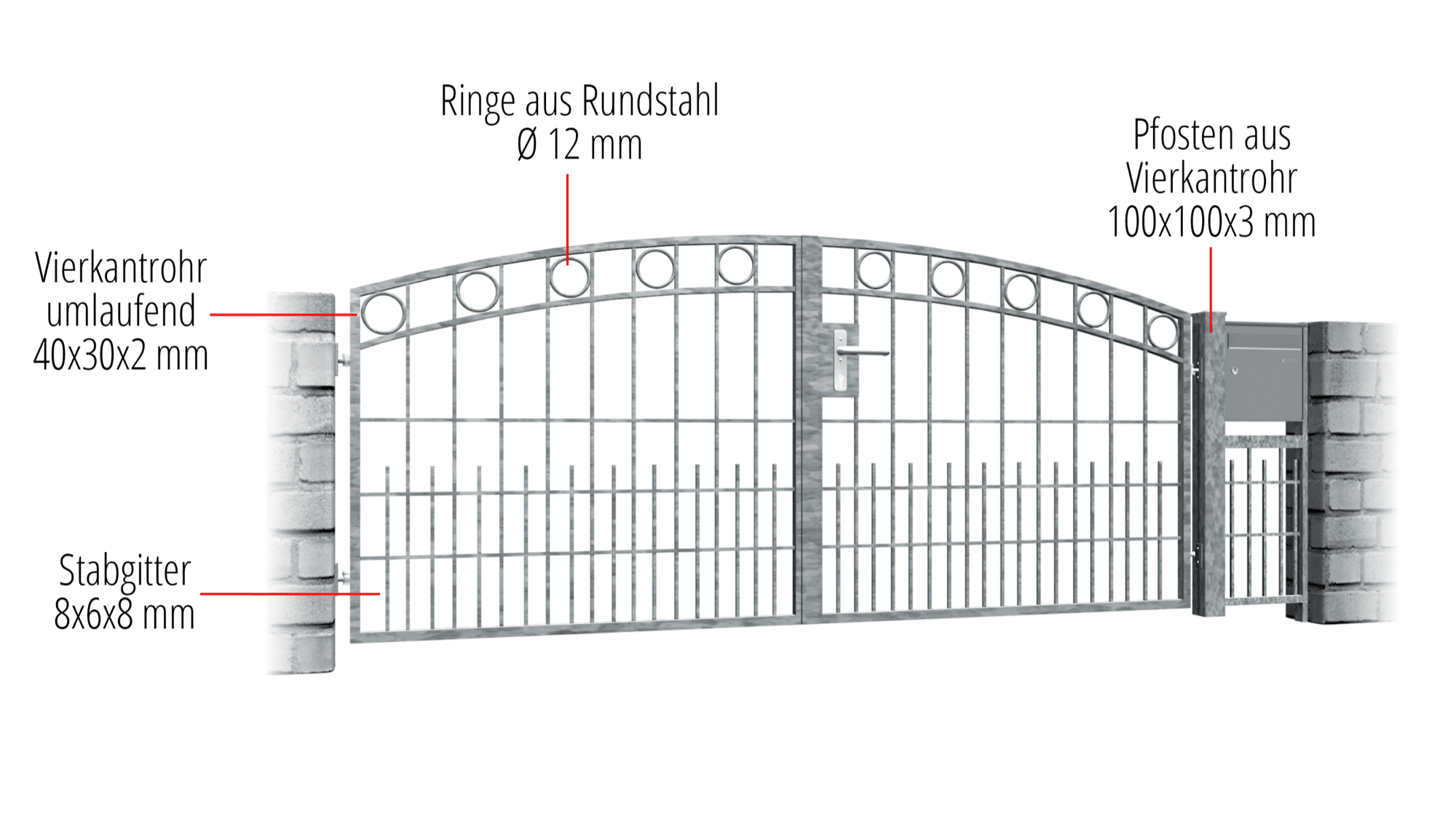 Portail de jardin galvanisé à 2 battants, rangée d'anneaux, OB, BK