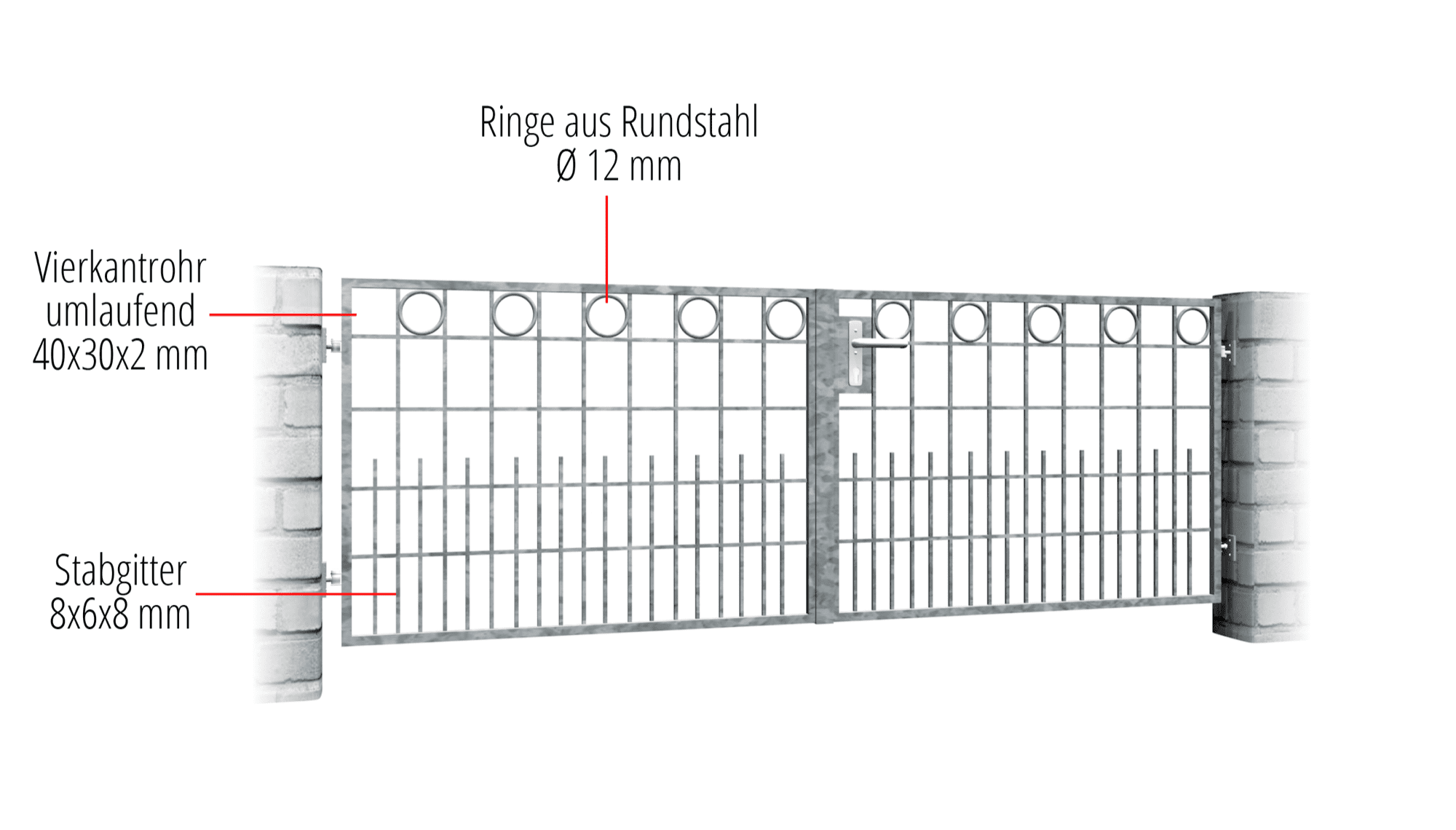 Portail de jardin galvanisé, rangée d'anneaux à 2 battants, GE