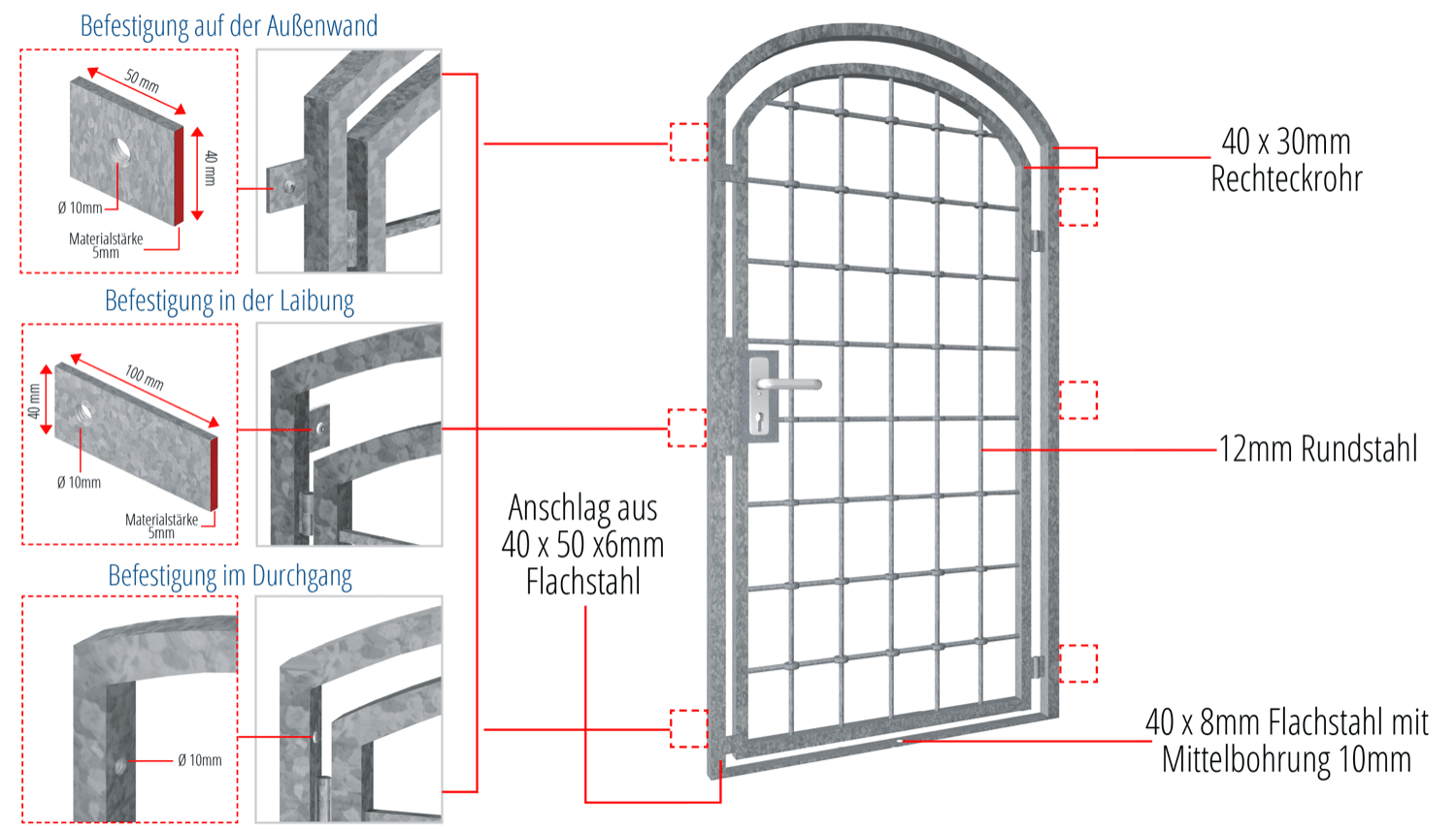 Porte grillagée en acier galvanisé Barre ronde Arc supérieur