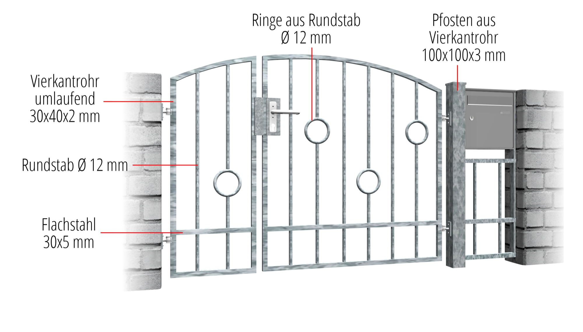 Barre de cercle à 2 battants en acier galvanisé pour portillon de jardin, OB, BK