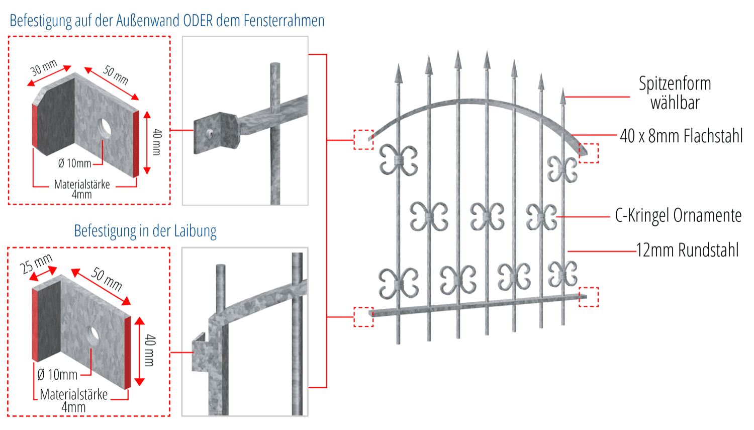 Grille de défense pour fenêtres en acier galvanisé Forêt Noire Arc supérieur 