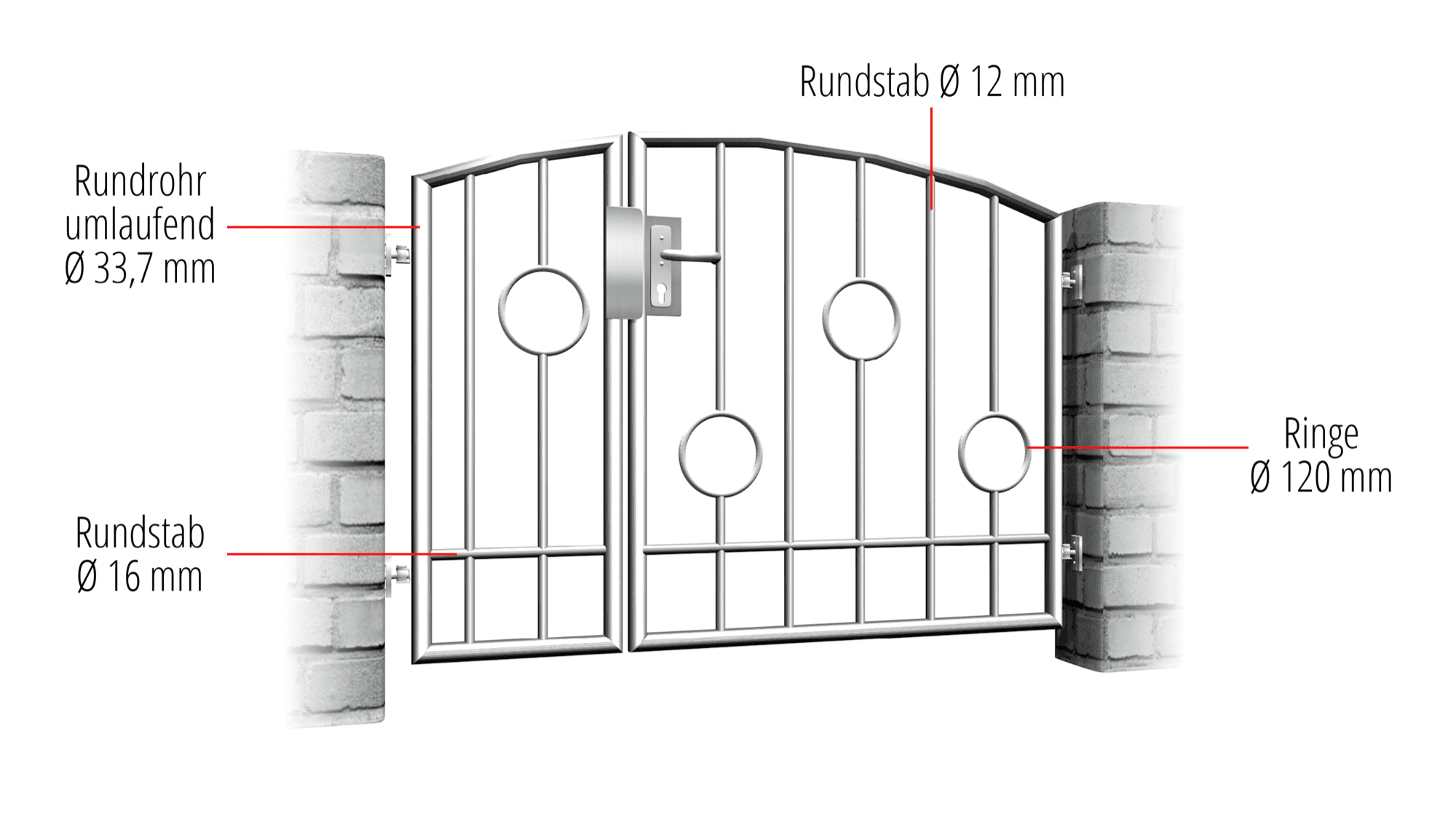 Portillon de jardin en acier inoxydable, barre circulaire à 2 battants, OB