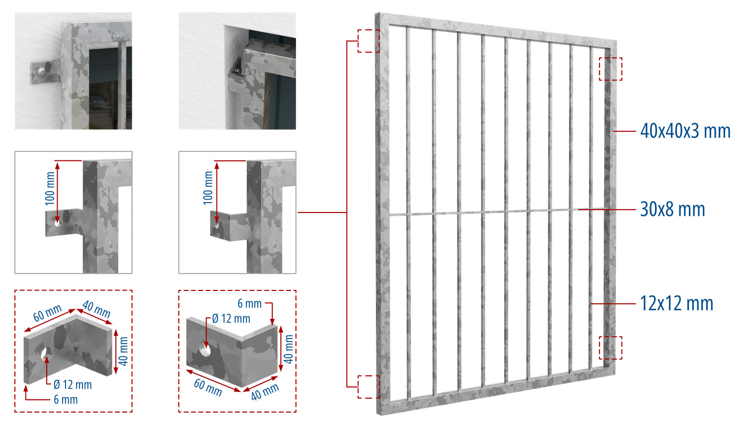Grille de défense pour fenêtres en acier galvanisé barre verticale 