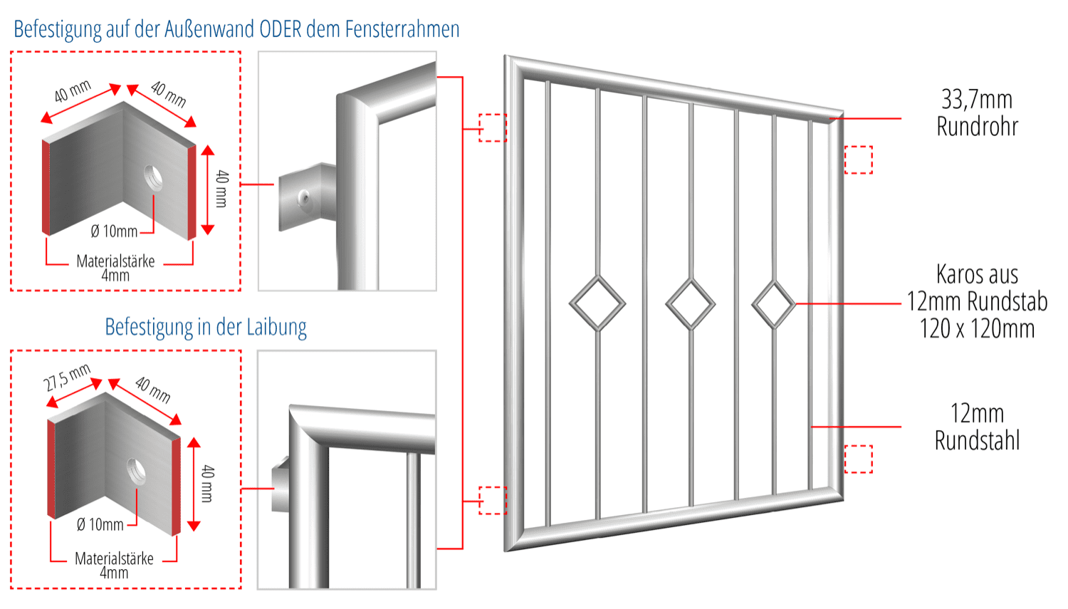 Grille de défense pour fenêtres en acier inoxydable carreau barre 