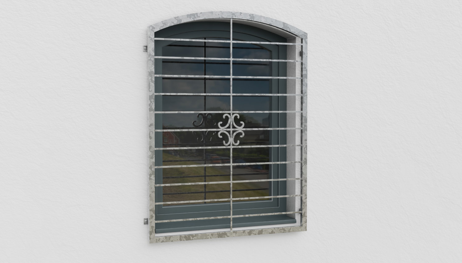 Grille de défense pour fenêtres en acier galvanisé arc supérieur fleuri 
