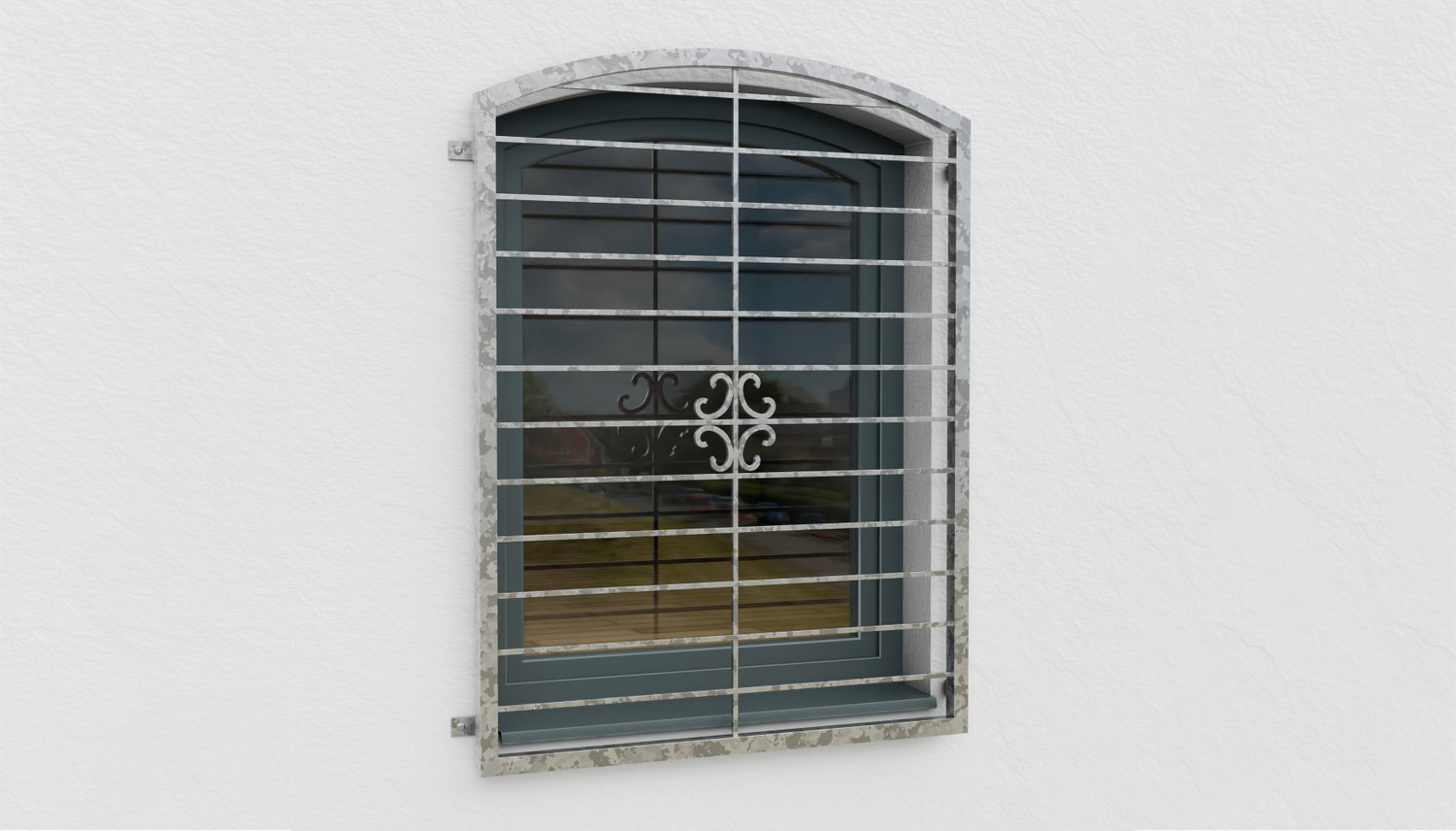 Grille de défense pour fenêtres en acier galvanisé arc supérieur fleuri 