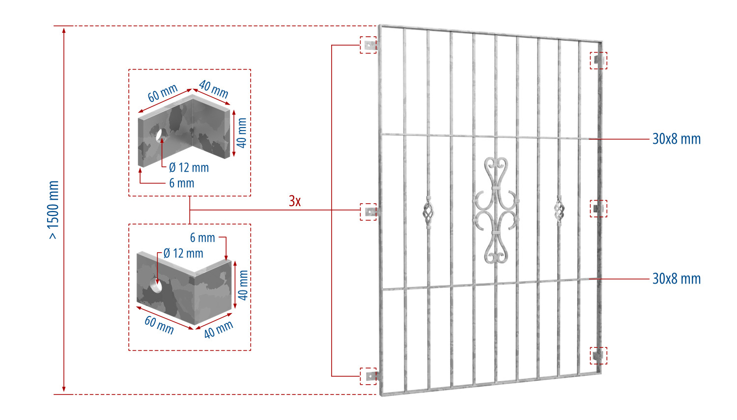 Grille de défense pour fenêtres en acier galvanisé ornements 