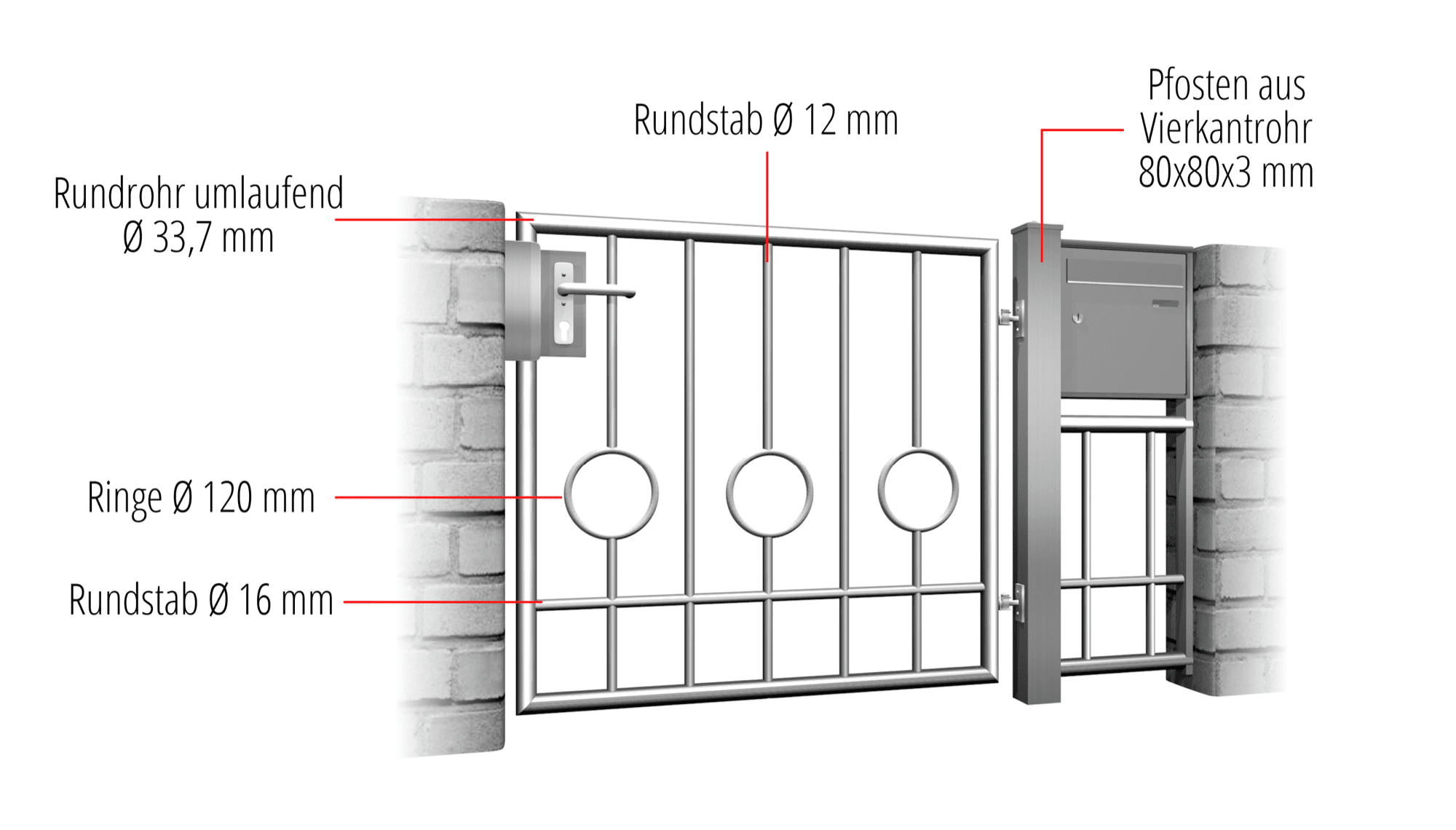 Portillon de jardin en acier inoxydable Barre circulaire à 1 battant 2 bas, GE, BK