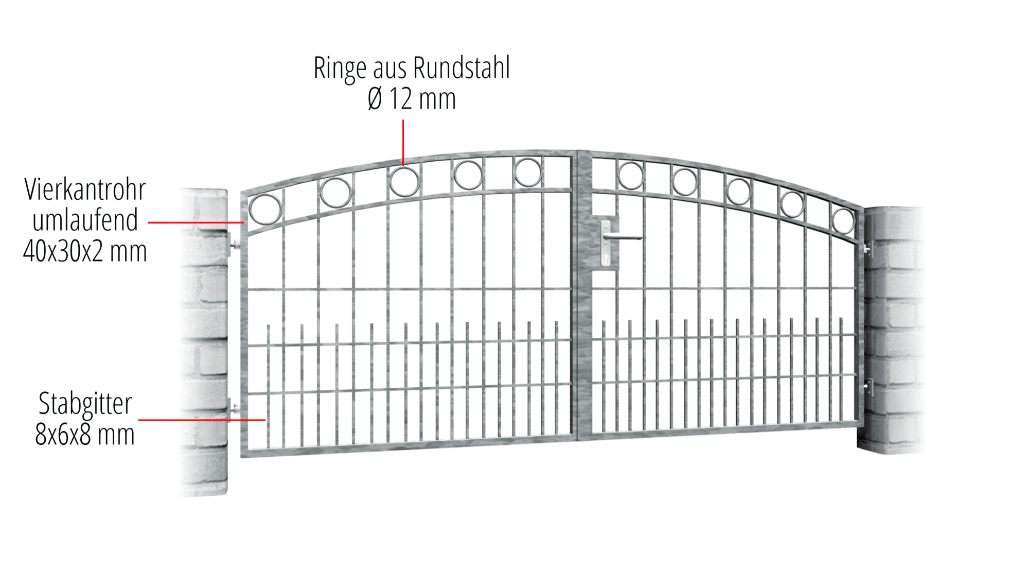 Portail de jardin galvanisé à 2 battants, rangée d'anneaux, OB