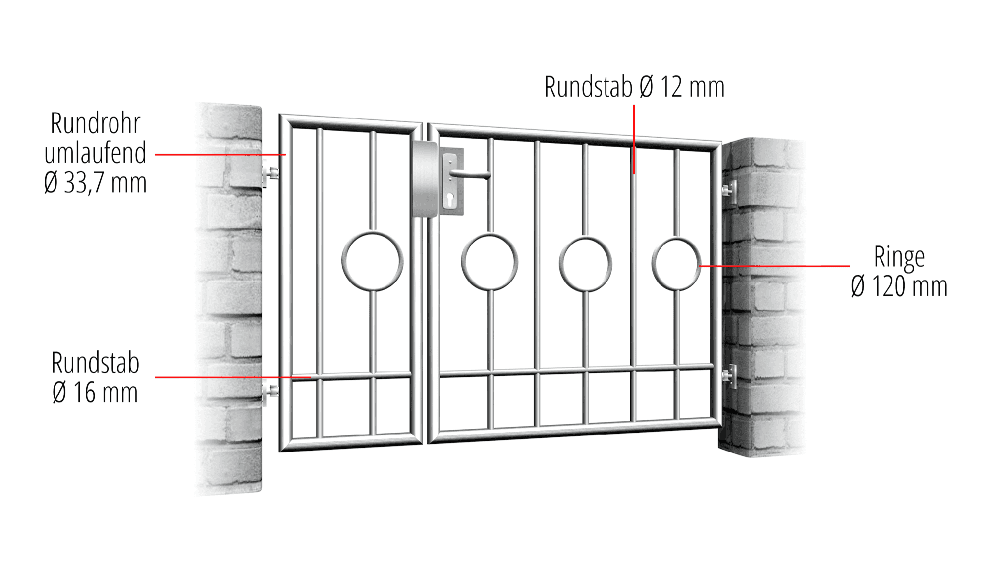 Portillon de jardin en acier inoxydable Barre circulaire à 2 battants 2 Centre, GE