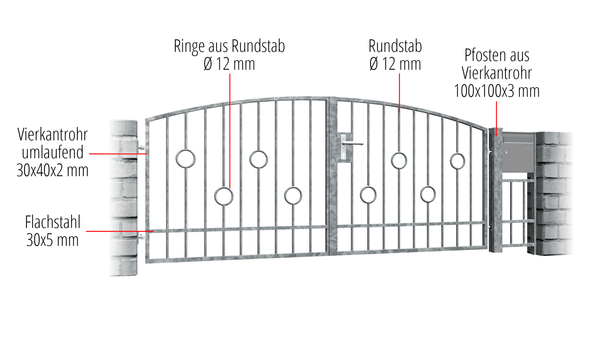 Barrière de jardin en acier galvanisé barre circulaire à 2 battants, OB, BK