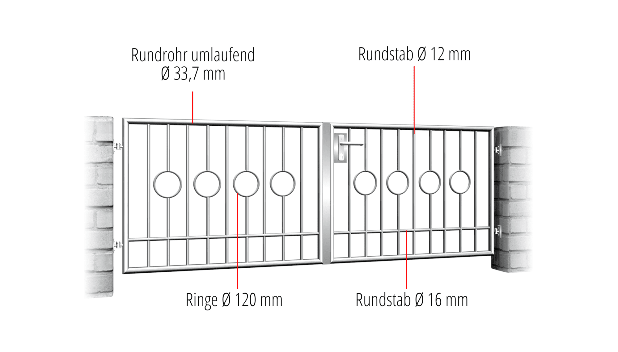 Barrière de jardin en acier inoxydable à 2 battants, barre circulaire 2 centres, GE