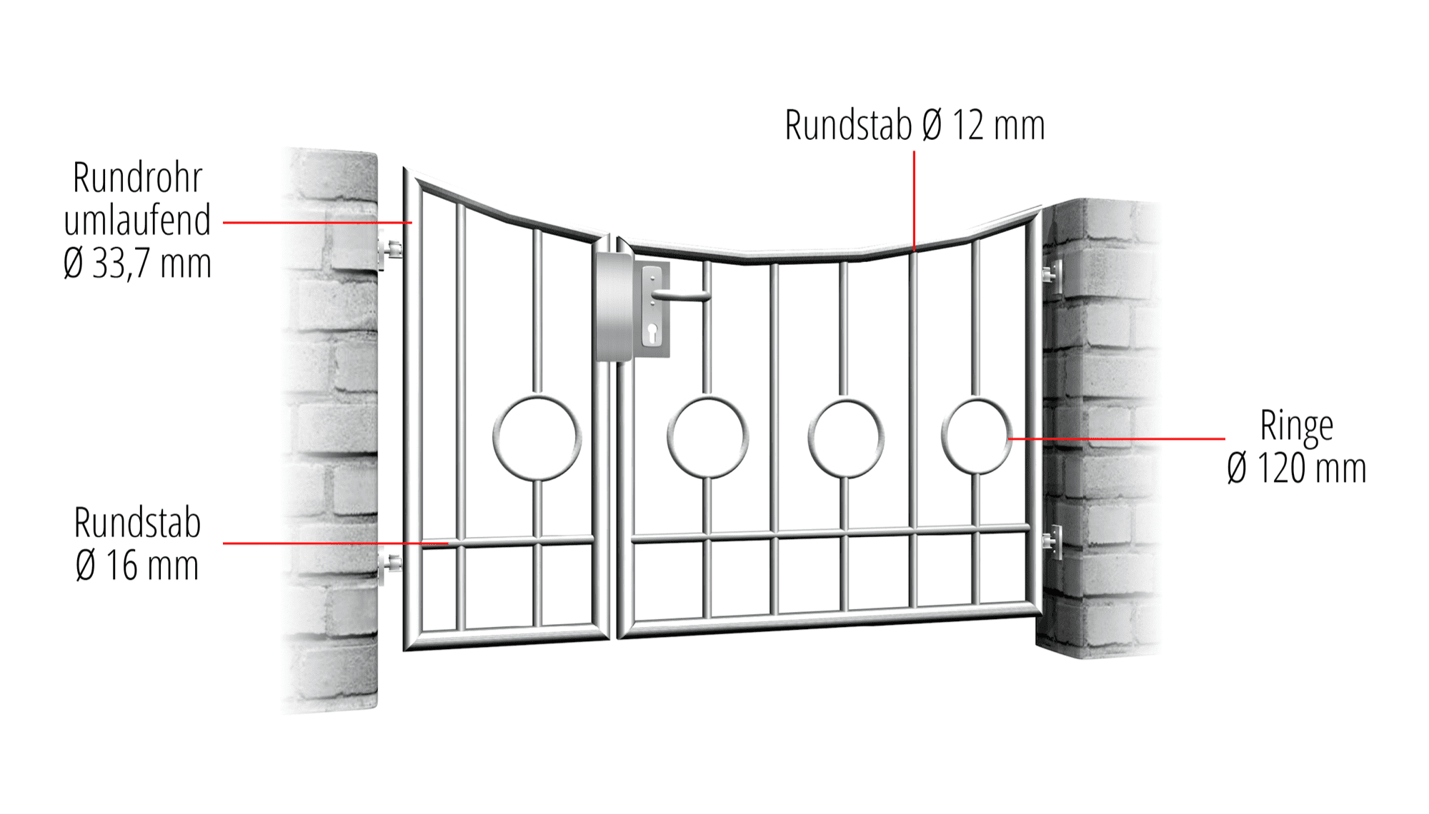 Portillon de jardin en acier inoxydable, barre circulaire à 2 battants, 2 fonds, UB