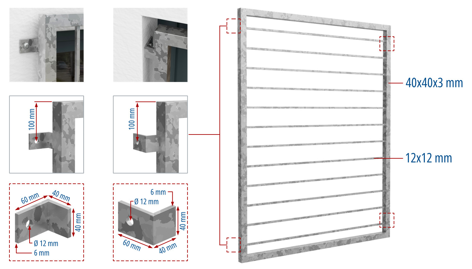 Grille de défense pour fenêtres en acier galvanisé barre transversale