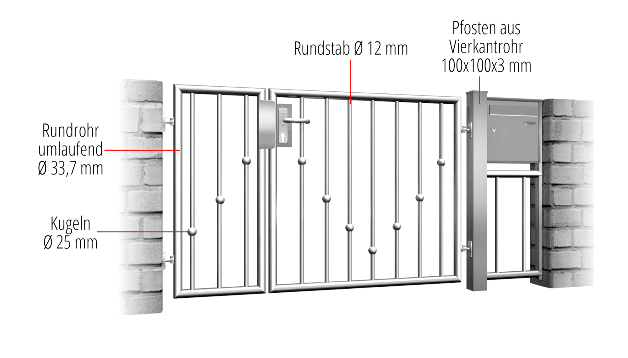 Portillon de jardin en acier inoxydable 2 battants boules en V GE, BK