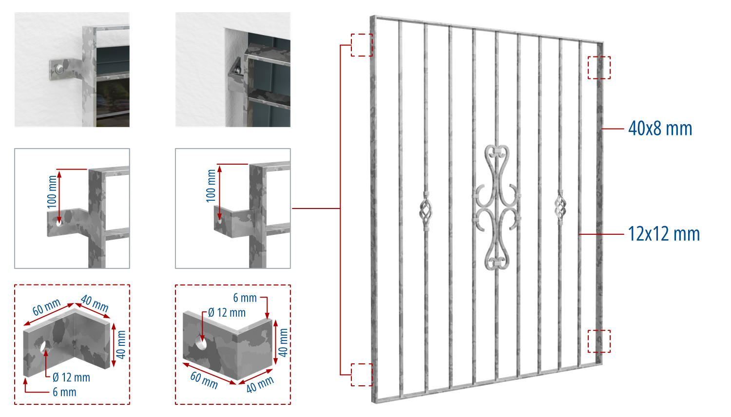 Grille de défense pour fenêtres en acier galvanisé ornements 