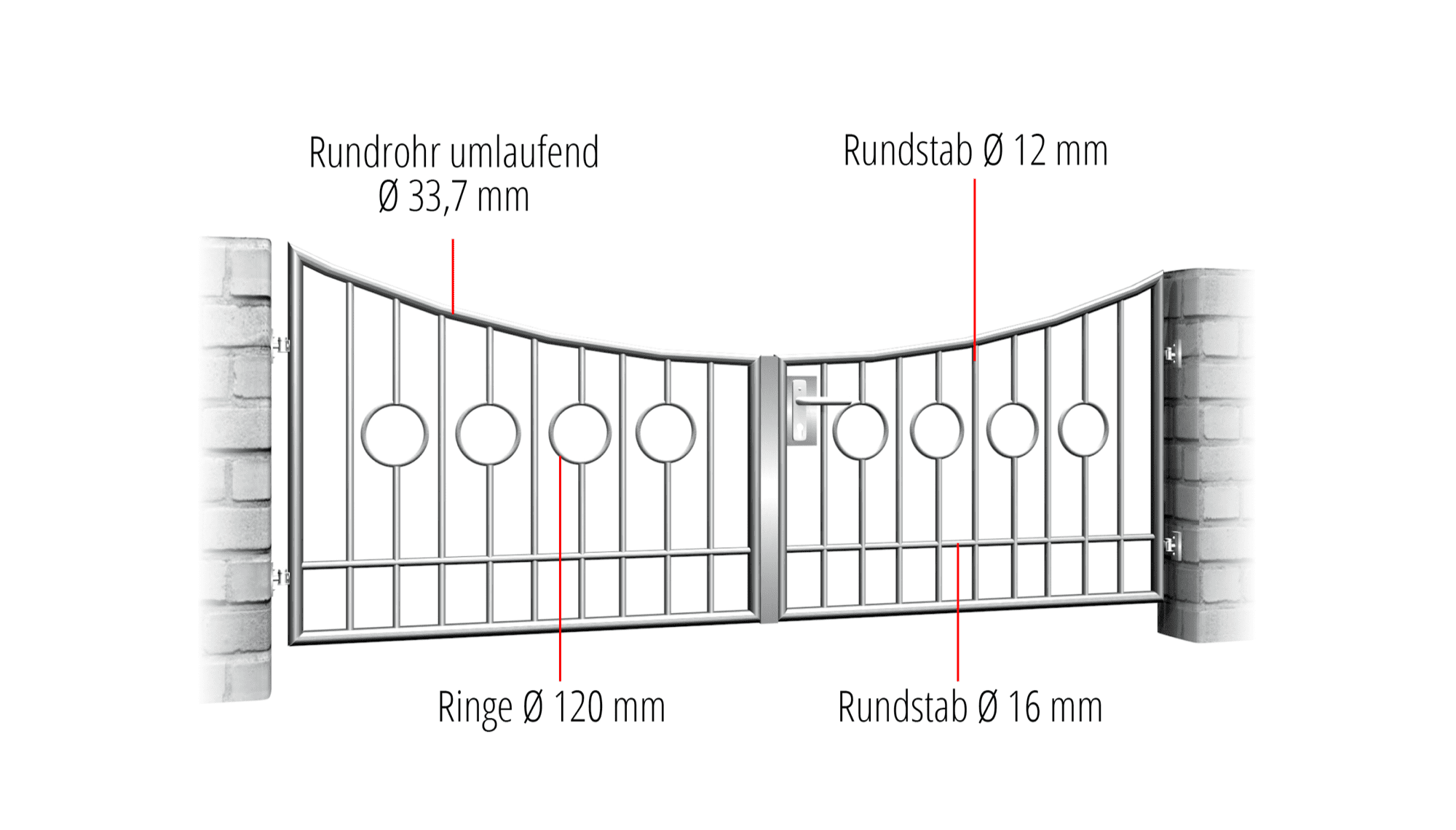 Portail de jardin en acier inoxydable, barre de cercle à 2 battants, 2 centres, UB