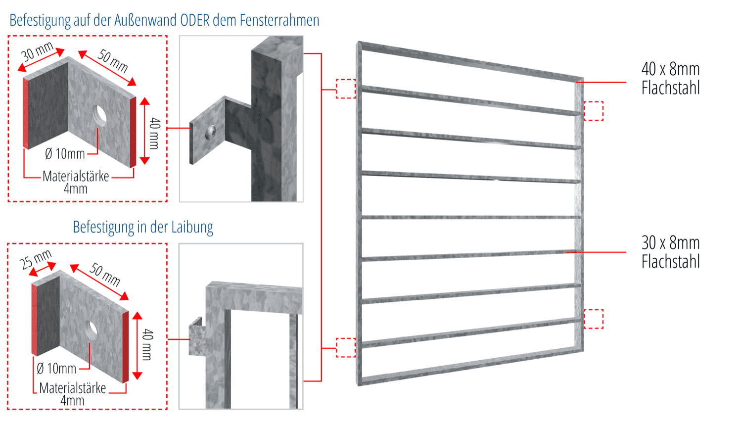 Grille de défense pour fenêtres en acier galvanisé traverse acier plat 