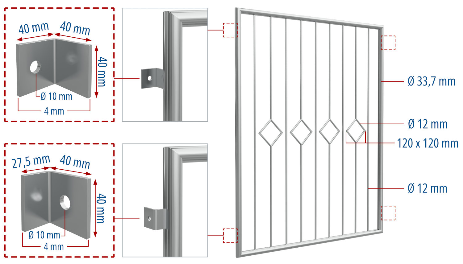 Grille de défense pour fenêtres en acier inoxydable carreau barre 