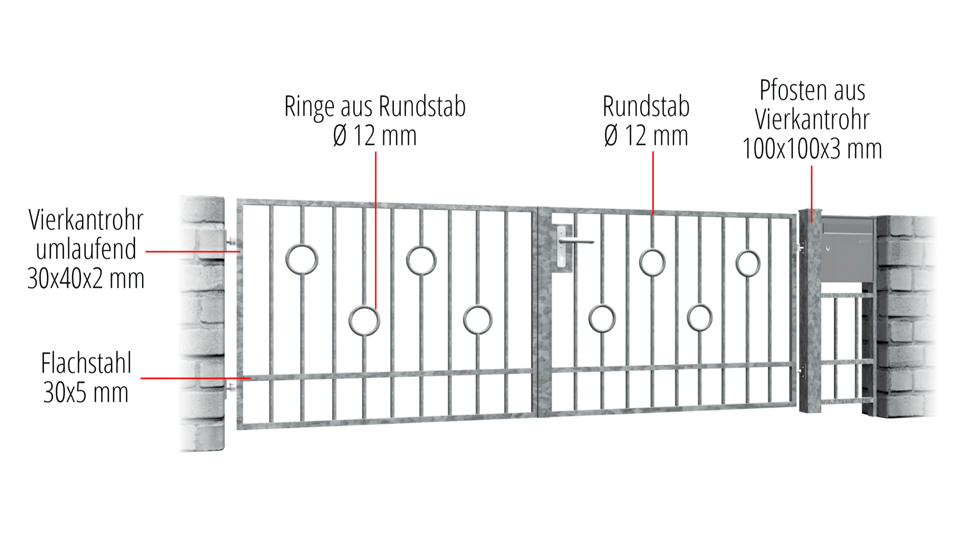 Barrière de jardin en acier galvanisé, barre circulaire à 2 battants, GE, BK