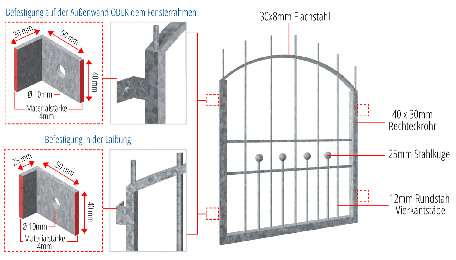 Grille de défense pour fenêtres en acier galvanisé arc supérieur Berlin 