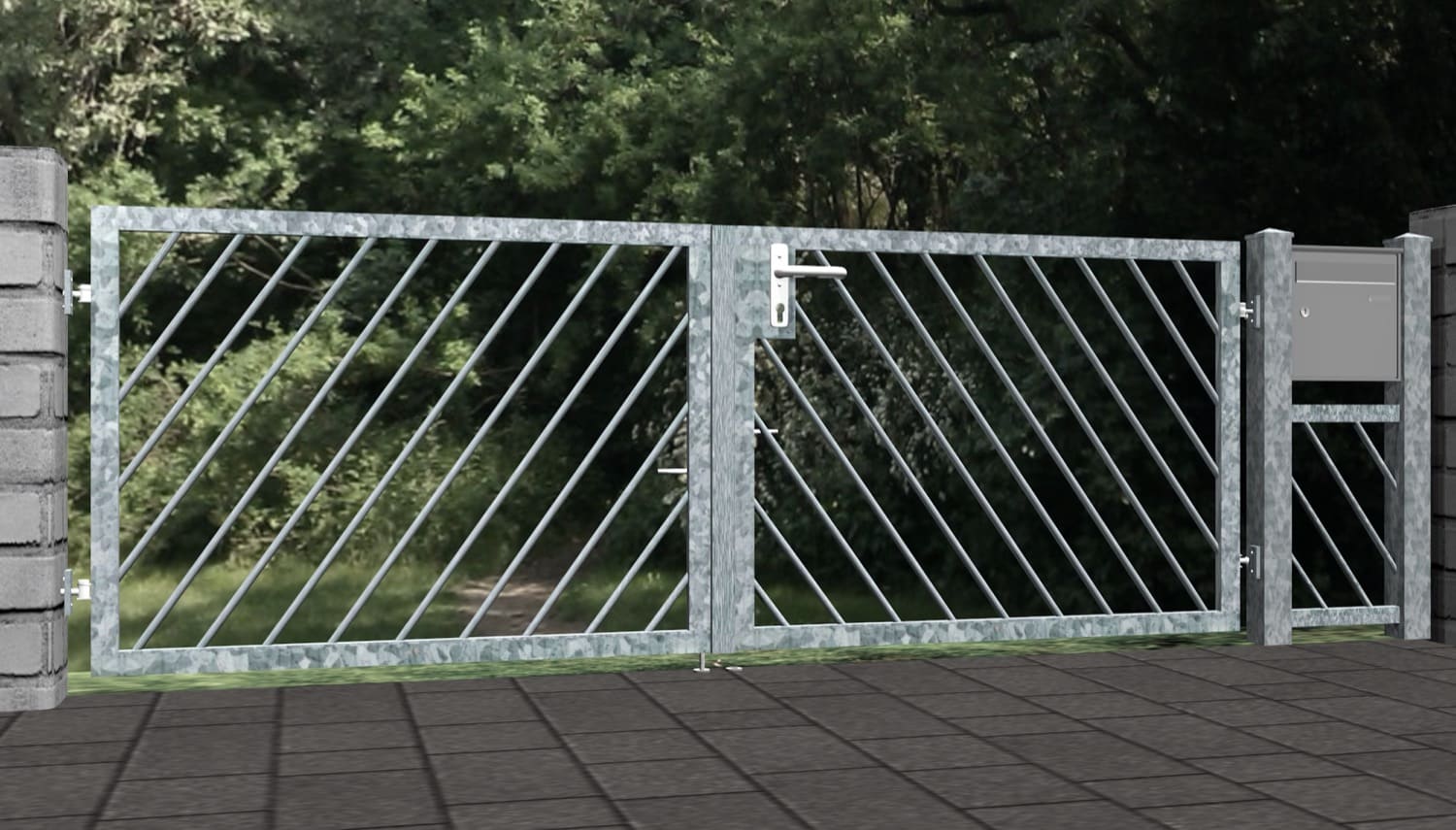 Barrière de jardin en acier galvanisé, barre diagonale à 2 battants, GE, BK