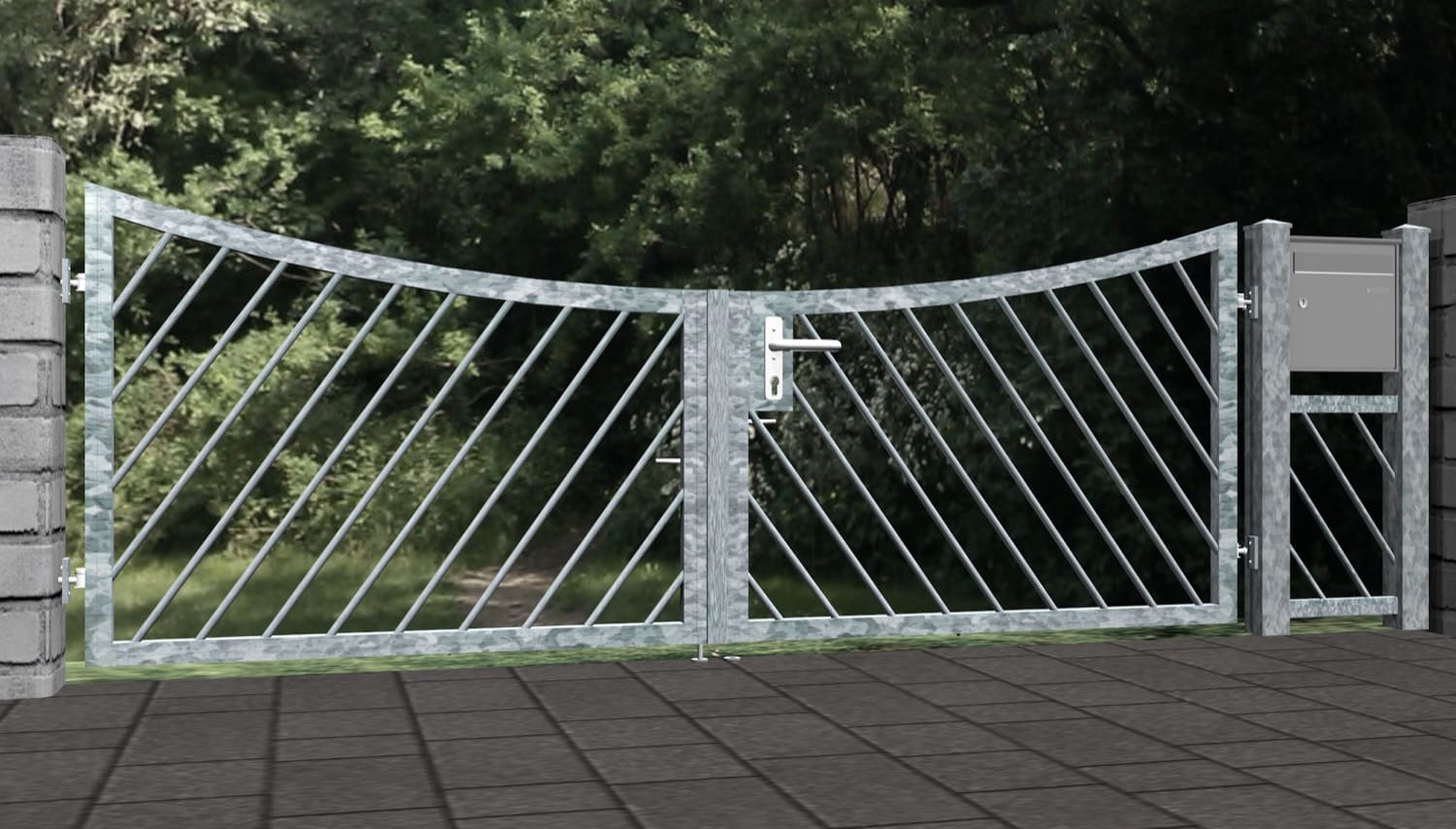 Barrière de jardin en acier galvanisé barre diagonale à 2 battants, UB, BK