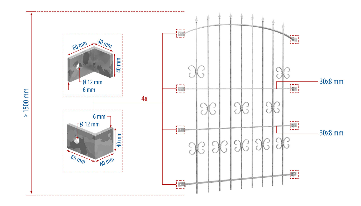 Grille de défense pour fenêtres en acier galvanisé Forêt Noire Arc supérieur 
