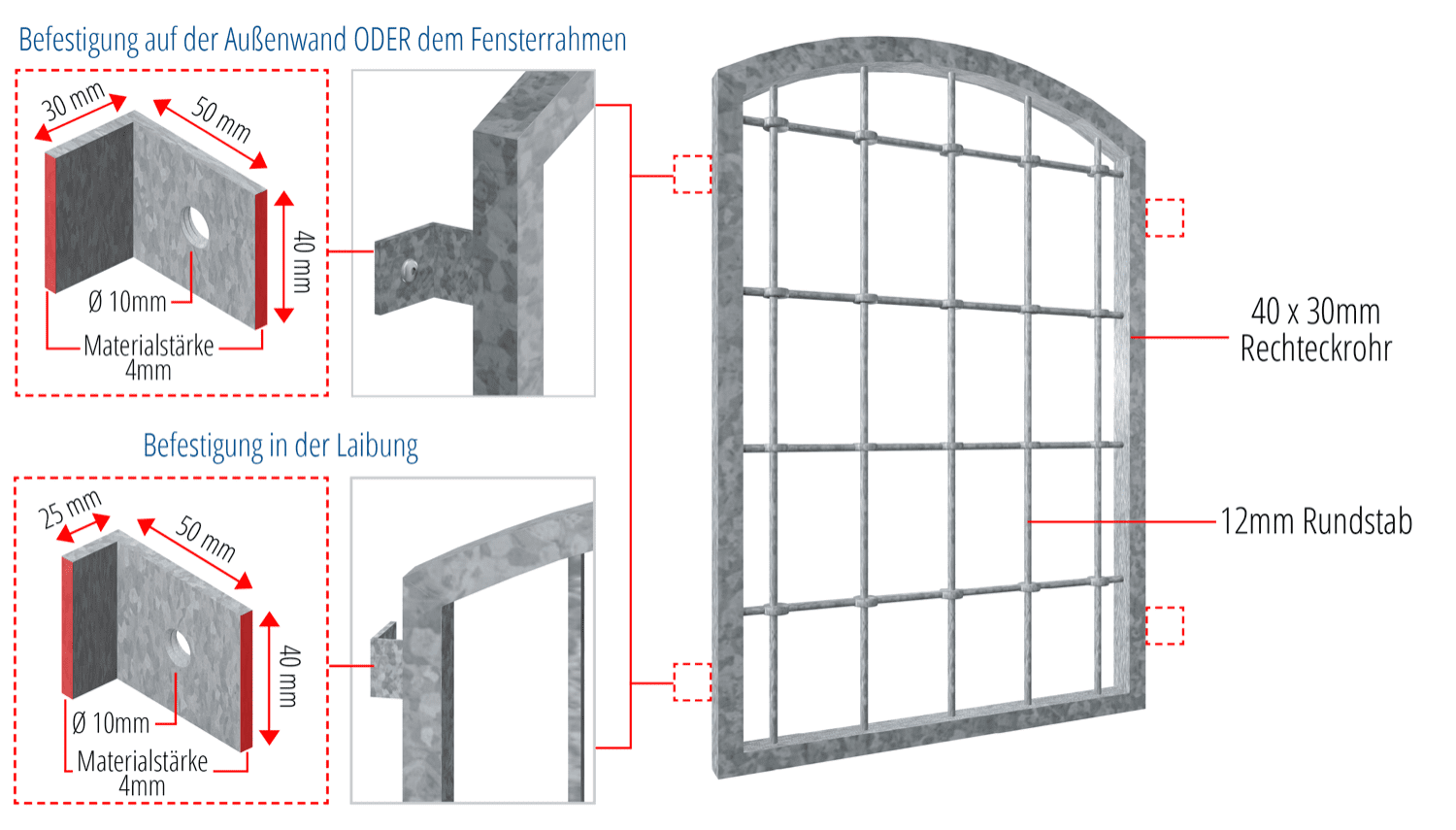 Grille de défense pour fenêtres en acier galvanisé barre arrondi arc supérieur 