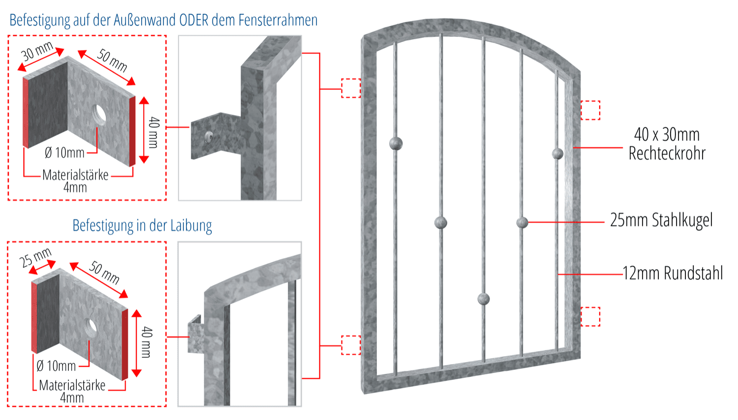 Grille de défense pour fenêtres en acier galvanisé à boules en V Arc supérieur 