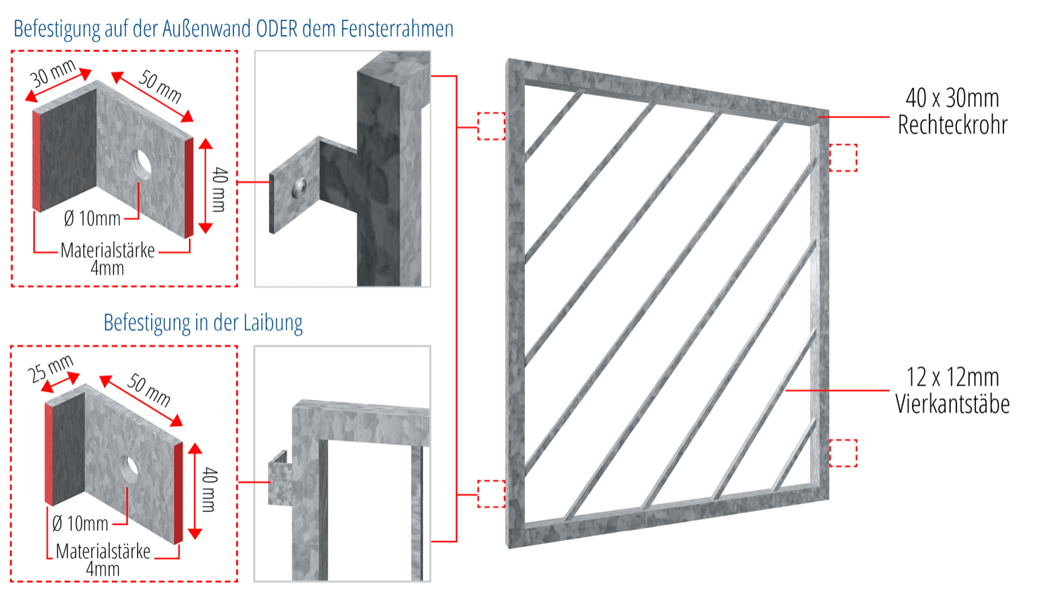 Grille de défense pour fenêtres en acier galvanisé Barre diagonale 1
