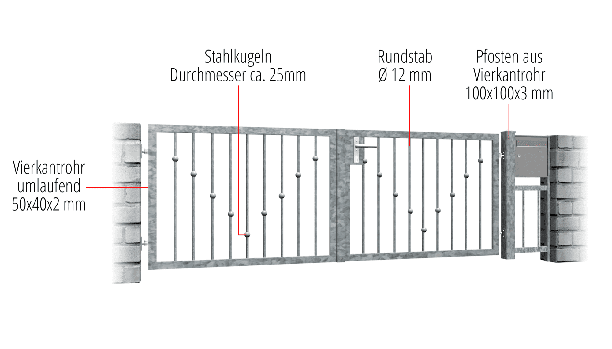 Portail de jardin galvanisé à boules en V à 2 battants, GE, BK