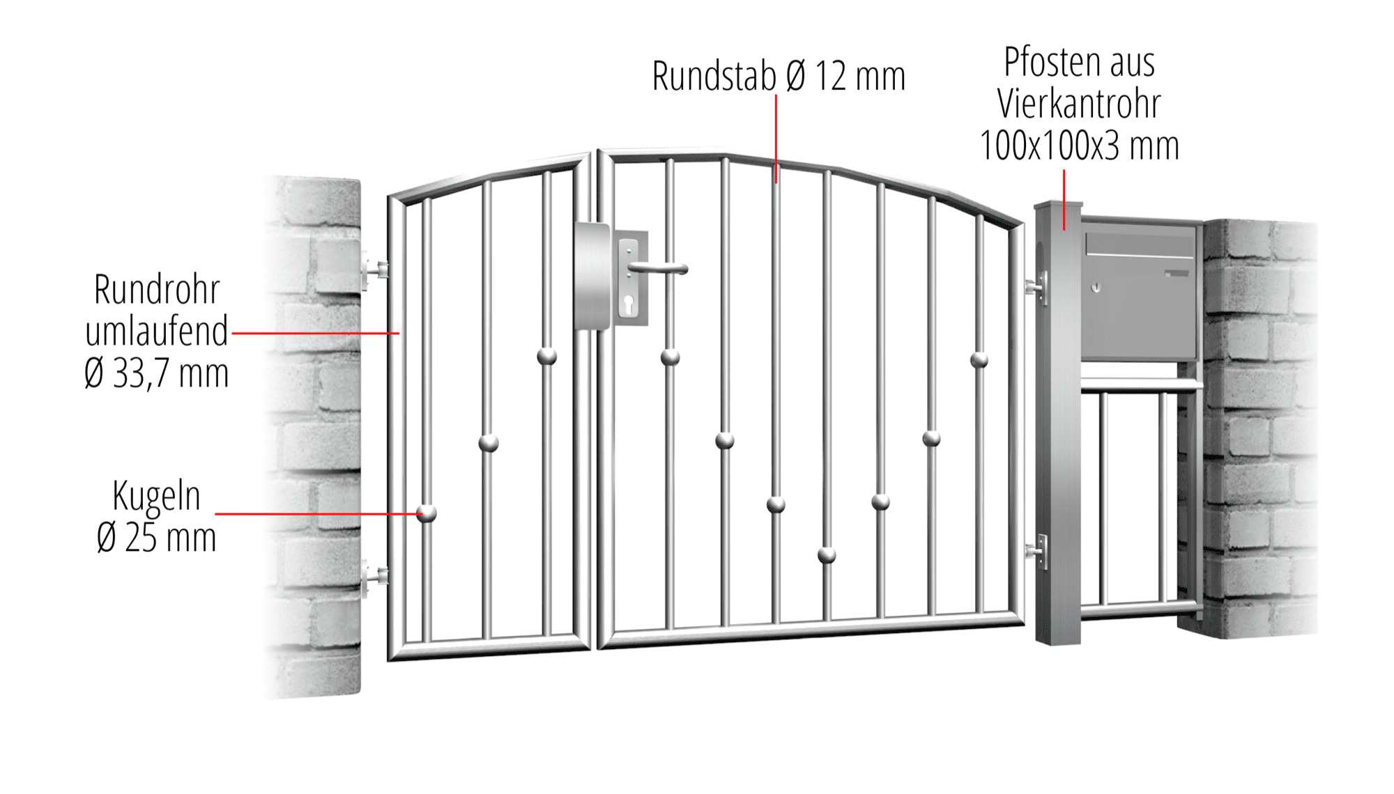 Portillon de jardin en acier inoxydable 2 battants boules en V OB, BK