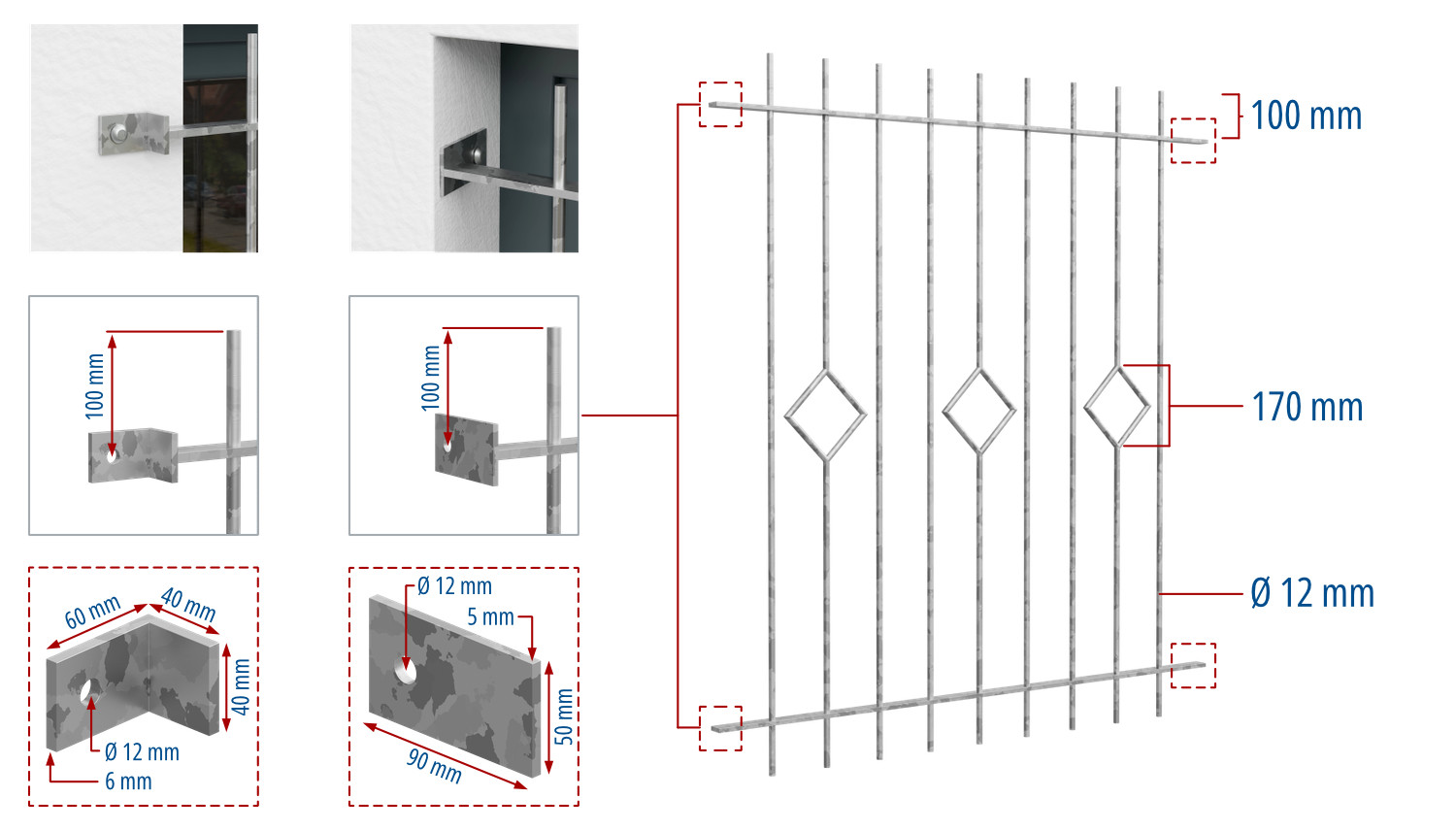 Grille de défense pour fenêtres en acier galvanisé carreau barre