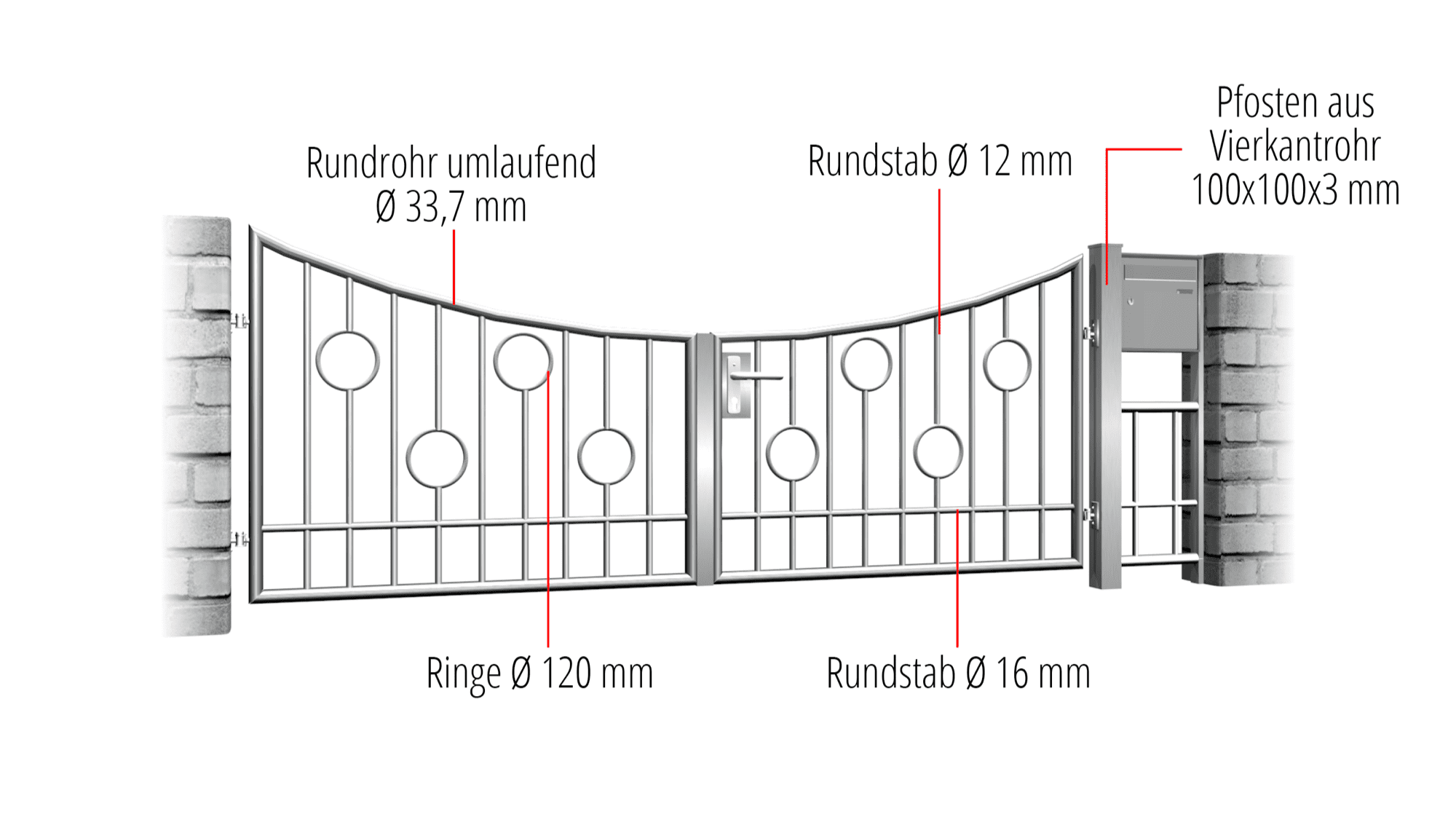 Portail de jardin Barre de cercle à 2 battants en acier inoxydable, UB, BK