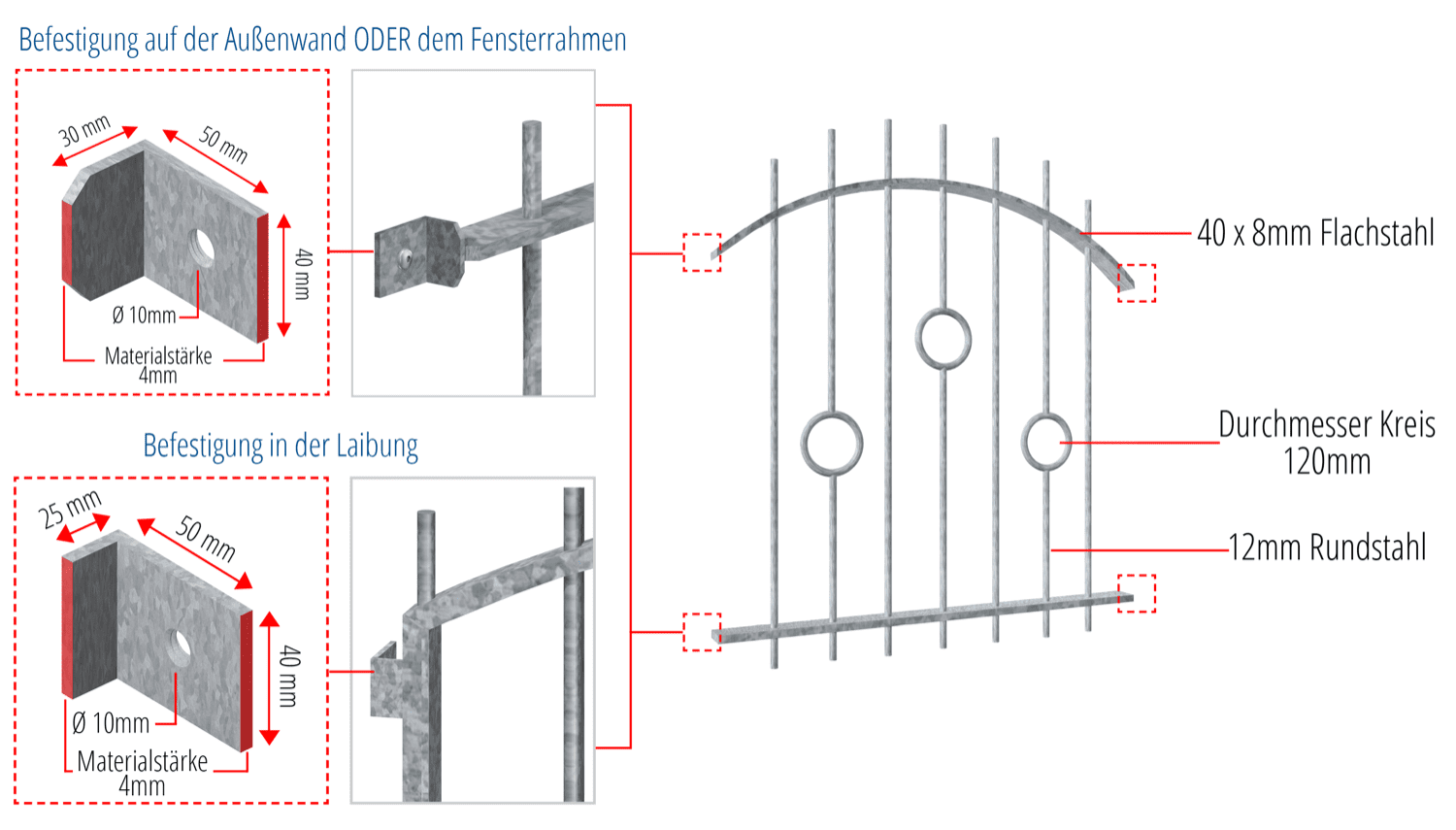 Grille de défense pour fenêtres en acier galvanisé cercle barre arc supérieur 