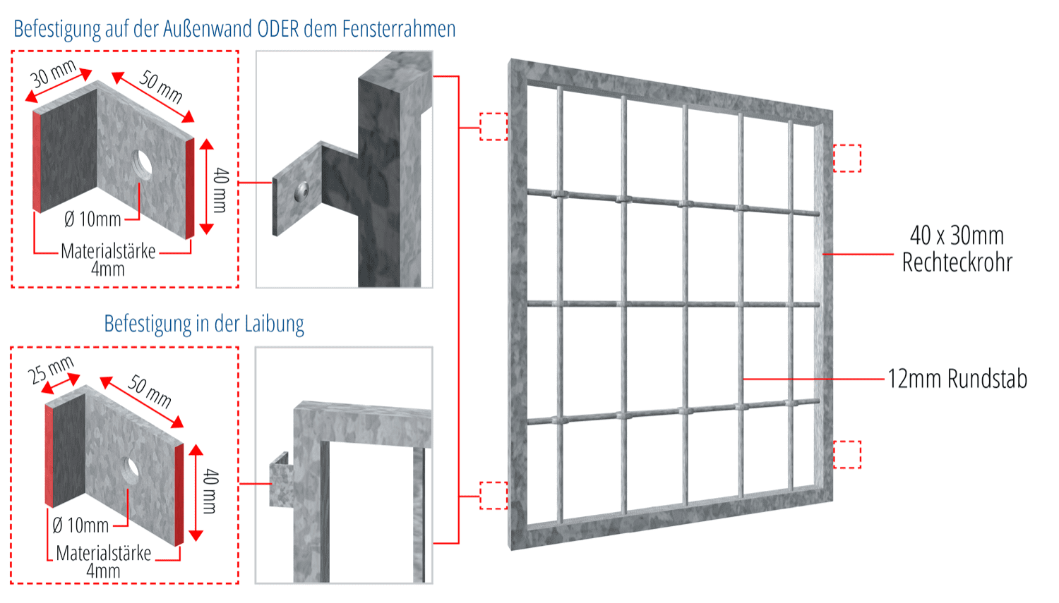 Grille de défense pour fenêtres en acier galvanisé barre arrondie