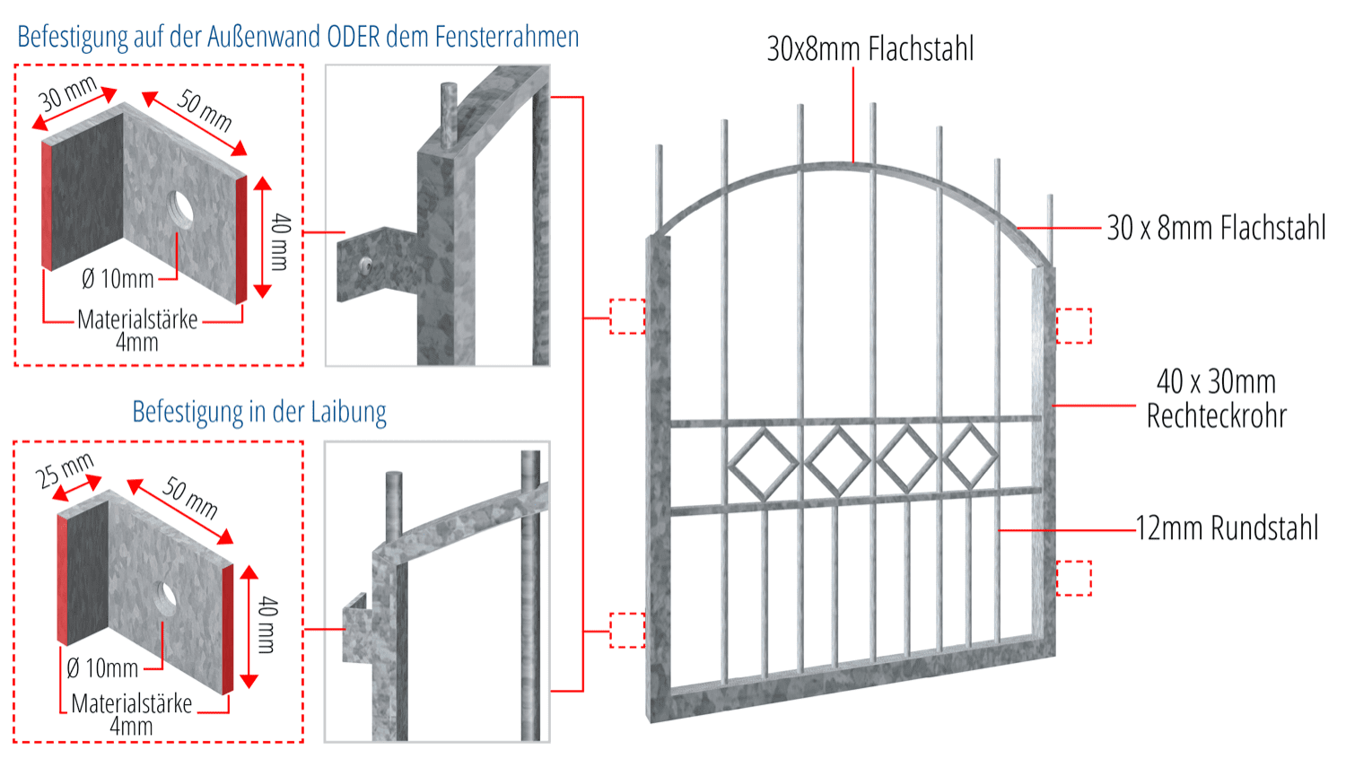 Grille de défense pour fenêtres en acier galvanisé Bel arc supérieur 