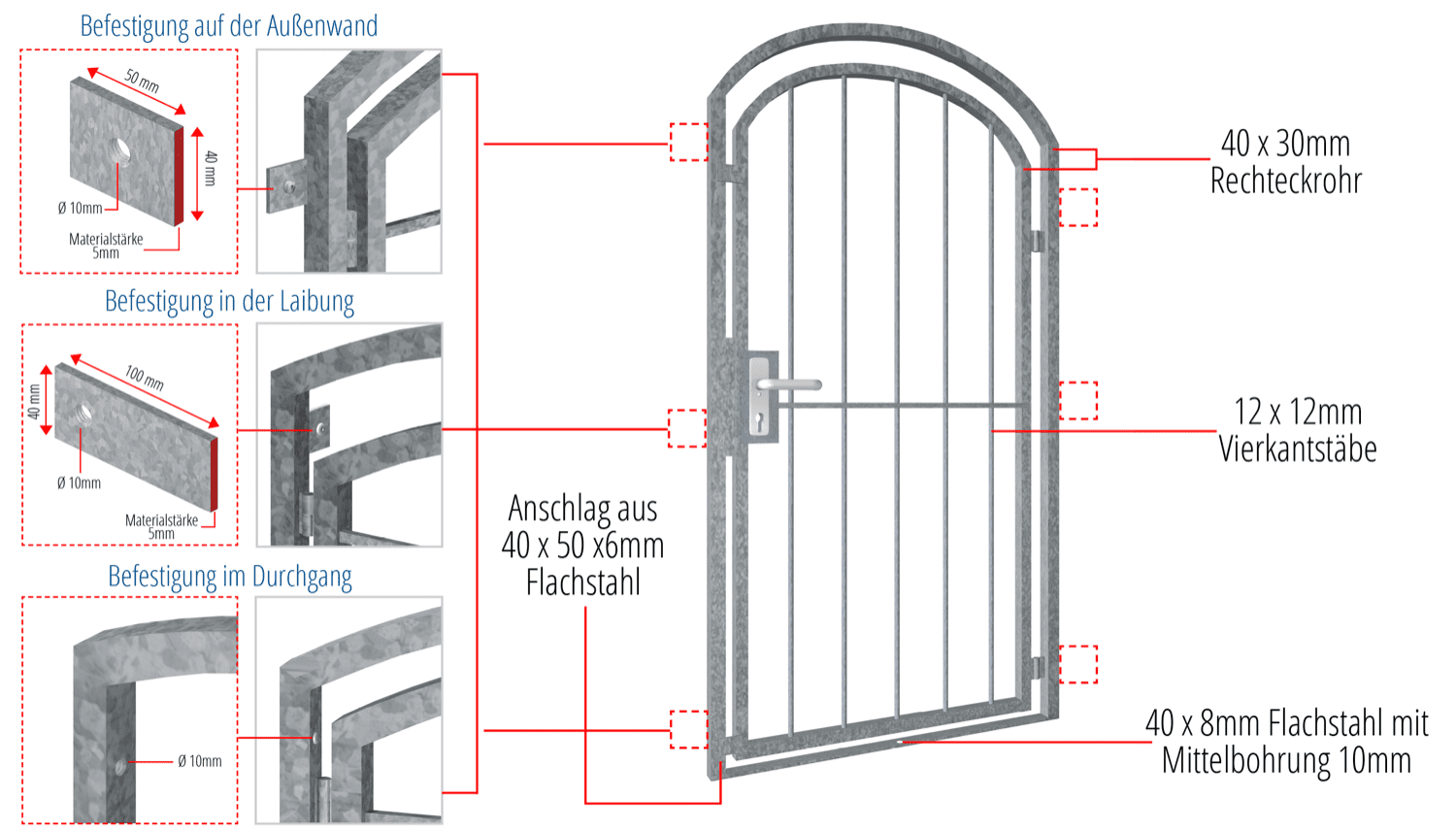 Porte grillagée en acier galvanisé barre verticale Arc supérieur