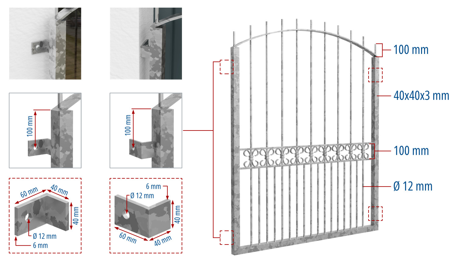 Grille de défense pour fenêtres en acier galvanisé Arc supérieur Bordeaux 