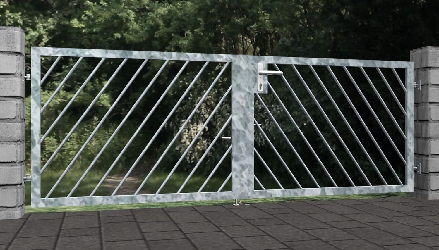 Barrière de jardin en acier galvanisé, barre diagonale à 2 battants, GE