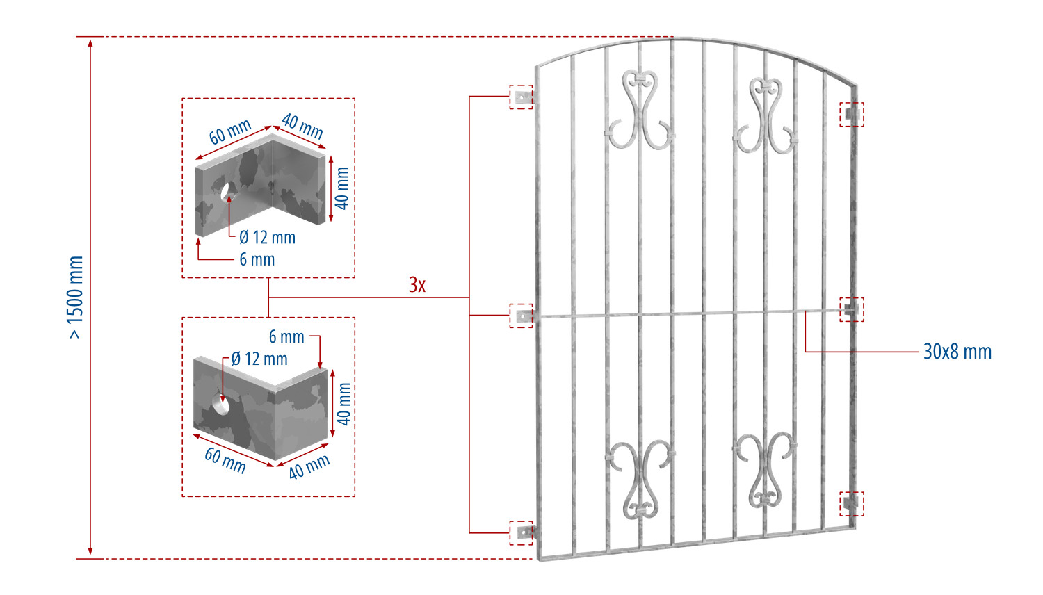Grille de défense pour fenêtres en acier galvanisé scroll 2 arc supérieur 